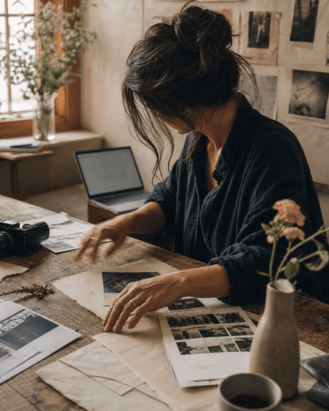A founder arranging content ideas at a studio table