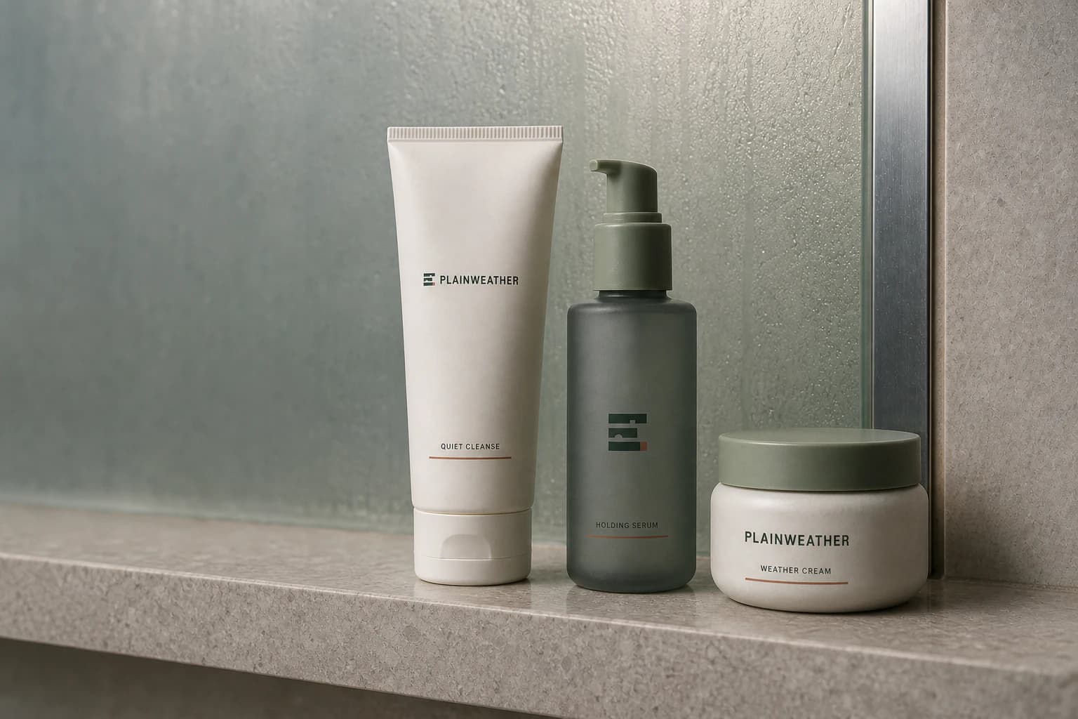 Branded Plainweather cleanser, serum, and cream on a grey limestone bathroom ledge in soft post-shower light