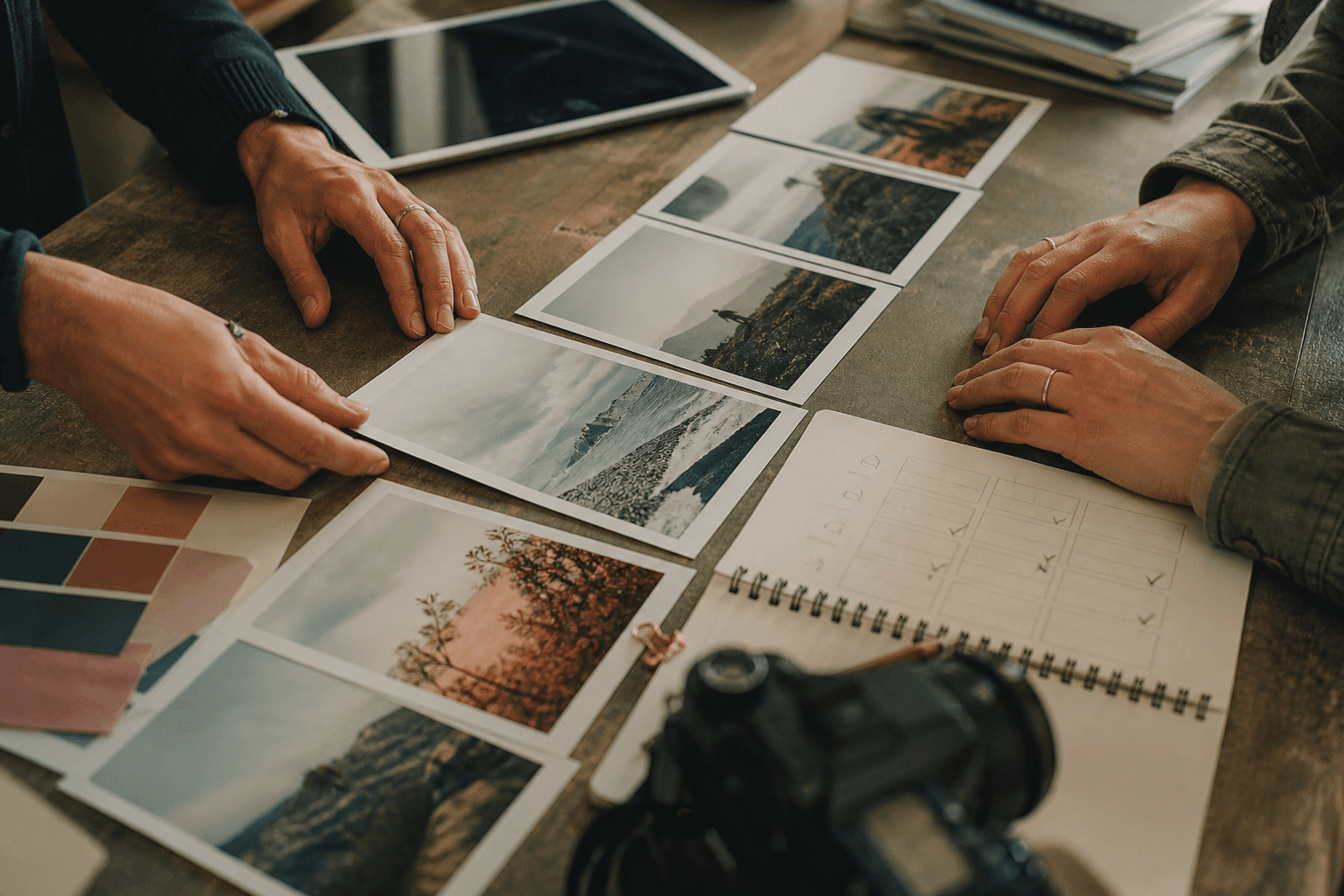 Hands calmly reviewing and arranging a sequence of creative frames