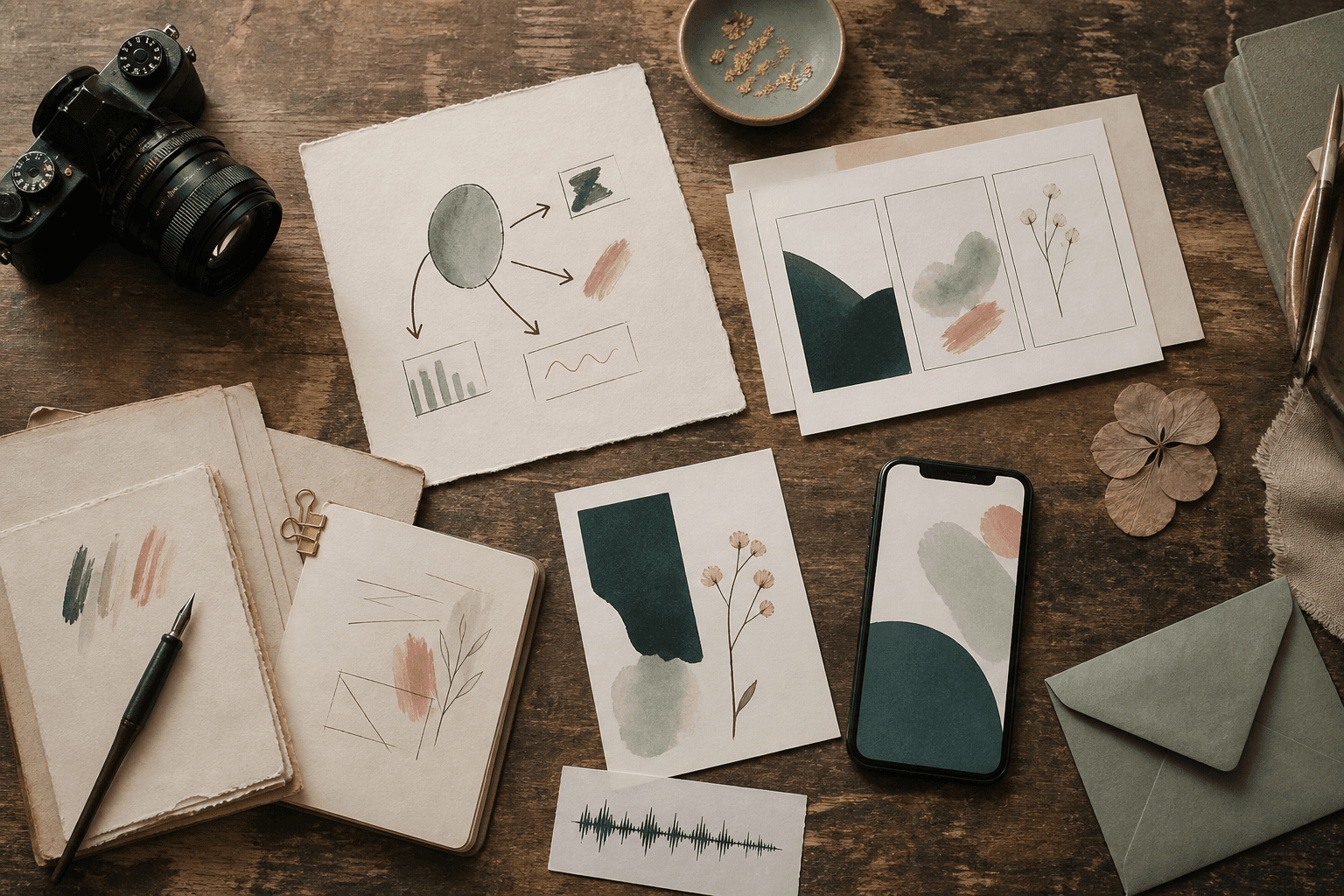 A studio worktable showing one idea translated into several content formats